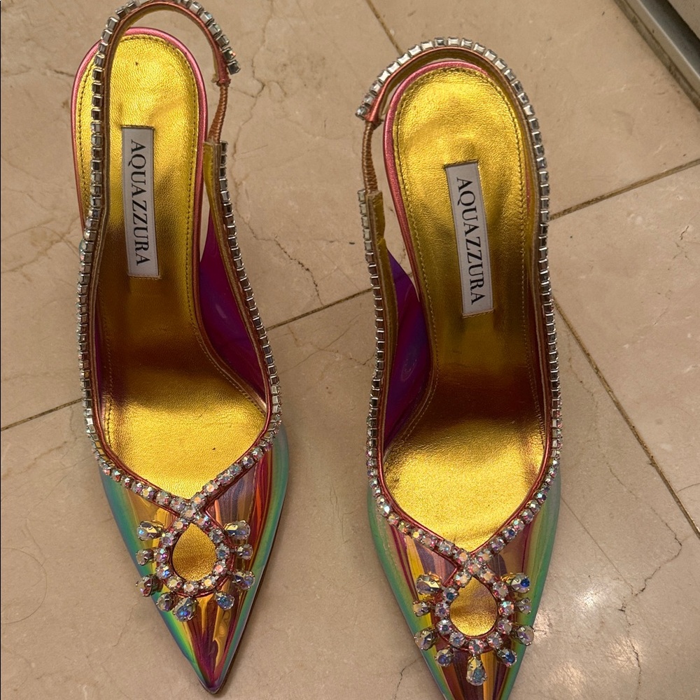 Aquazzura Gold and Multicolor Embellished Heels